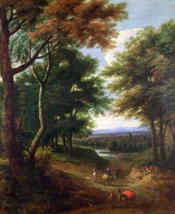 Skoglandskap med reisende på en sti av Jan Baptist Huysmans