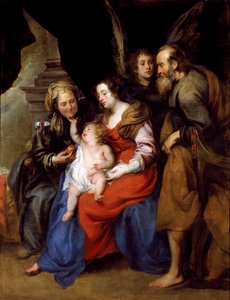Portrett av den hellige familie med St Anne, mor til Maria og en engel (olje på lerret av Jan Roos