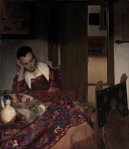 A Sleeping Girl - Maleri av Johannes Vermeer (Vermeer de Delft) (1632-1675), olje på lerret