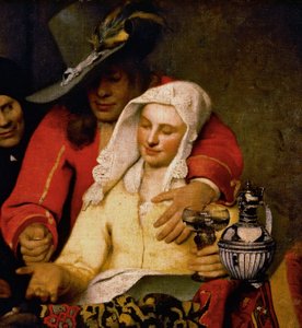 En mann holder frem en mynt til en kvinne som berører brystet hennes, detalj fra The Procuress