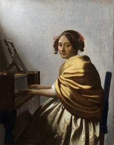 ""Young Woman Seated at a Virginal"" (A Young Woman seated at a Virginal) Maleri av Jan Vermeer (Johannes) (1632-1675) ca. 1670 Dim 25,1x20 cm Privat samling
