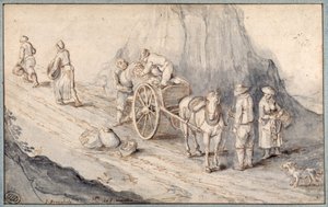Bønder laster en en-hests vogn med rotgrønnsaker (penn og blekk med vask på papir) av Jan (follower of) Brueghel