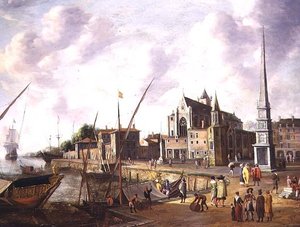 En middelhavshavnscene med elegante figurer på kaia og sjøfart i det fjerne