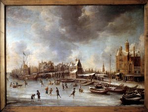 Vinterlandskap. Skatere på en frossen innsjø. Maleri av Burstaten (1622-1666) 1600-tallet. Berlin, statsmuseet