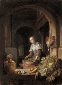 En hushjelp tilbereder grønnsaker på et kjøkken av Jan Adriansz van Staveren