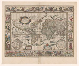 Wereldkaart met dekorative randen Et nytt geografisk og hydrografisk kart over hele verden av Jan Aertse van den Ende
