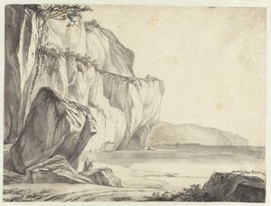 Kystutsikt med steiner som reiser seg opp av vannet av Jan Asselijn (attributed to)
