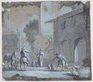 Bybilde med åpen port, figurer og dyr