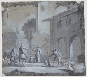 Bybilde med åpen port, figurer og dyr