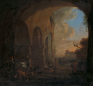 Drovers med storfe under en bue av Colosseum i Roma