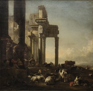 Et italiensk landskap med bønder, storfe og sauer ved klassiske ruiner, ca. 1650-tallet (olje på lerret) av Jan Baptist Weenix