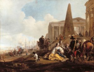 Middelhavshavnescene med figurer som hviler foran gamle ruiner av Jan Baptist Weenix