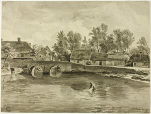 Mann som fisker i elven i nærheten av landsbyen av Jan Baptiste de Jonghe