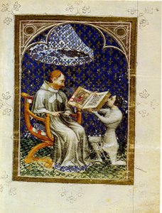 Jean de Vaudetar presenterer sin gave av en bok til Charles V av Frankrike. Fra bibelhistorien til Jean de Vaudetar, 1372 av Jan Bondol