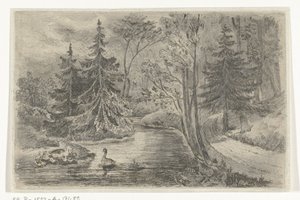 Skogssti ved en dam med ender av Jan Bos Wz.