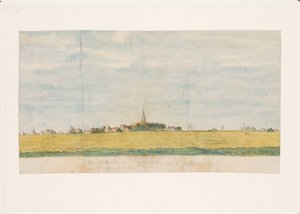 Landsbyen Overdiem nær Amsterdam ved Zuyderzee, sett fra landsiden (tittel på objekt) av Jan Brandes
