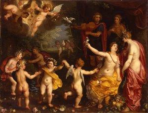 Allegori om kjærlighet: Venus holder et par bundede duer, med Ceres, Apollo og Diana, omgitt av dansende putti, i et landskap