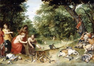 En allegori over elementene, jord, luft og vann: Nymfer som bader i en skogkledd glede med jakttroféer i nærheten, ca. 1621