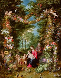 Jomfruen og barnet med spedbarnet døperen Johannes, den hellige Anne og engler, omgitt av en krans av blomster og frukt