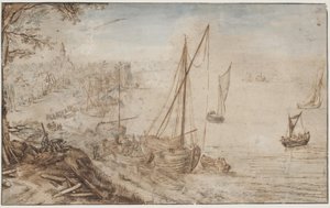 Elvelandskap. I forgrunnen en båt som lastes og menn som skjærer planker av Jan Brueghel d.Æ.