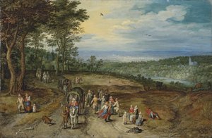 Et vidstrakt skogkledd landskap med reisende på en sti og bønder som danser i forgrunnen / Landskap med reisende og bønder på en sti av Jan Brueghel the Elder