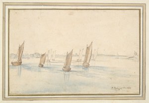 Båter som seiler på en elv, et landsted i det fjerne av Jan Brueghel the Elder