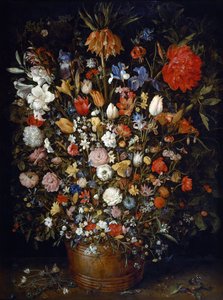 Blomster i et trekar av Jan Brueghel the Elder