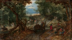 Skog med vogner som krysser en bekk og ryttere av Jan Brueghel the Elder