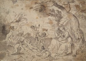 Jomfru Maria og St. Josef og Kristusbarnet, St. Johannes og engler som leker med lidenskapens instrumenter av Jan Brueghel the Elder