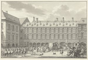 Forstyrrelser da deputatene i Dordrecht kjører gjennom Stadhouderspoort på Binnenhof, 1786 av Jan Bulthuis