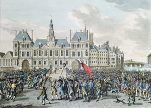 Lederne av Launay og Flesselles promenerte foran Hotel de Ville, 14. juli 1789, 1795