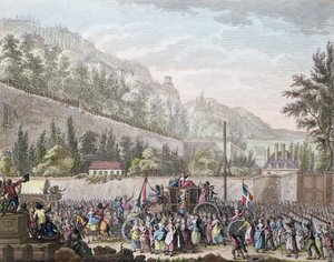Kvinnene i Les Halles i Auteuil da de brakte den franske kongefamilien til Paris fra Versailles 6. oktober 1789, 1796
