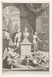 Byste av Hugo de Groot hyllet av Victoria Livet og virksomheten til Mr. Huig de Groot (tittel på objekt) Tittelside for: Caspar Brandt og Adriaan van Cattenburg, History of the life of Mr Huig de Groot, 1727