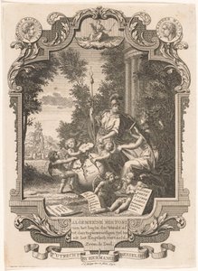 Kartusj med allegori over Hellas historie Tittelside for: Kornelis Westerbaen, Algemeene histori, 1742