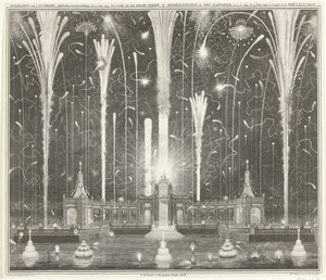 Fyrverkeri i Haag for freden i Aachen, 1749 Skildring av fyrverkeriet, avfyrt i Haag, 13. juni 1749, brukt av den Aakensche Vreede / Representation du feu d