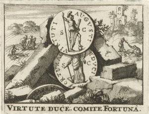 Romerske mynter lener seg på en haug med steiner Virtute Duce, Committee Fortuna (tittel på objekt) av Jan Claesz ten Hoorn