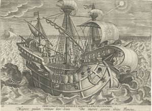 Bestemme lengdegrad ved hjelp av et kompass Orbis longitvdines repertae magnetis a polo declinatione (tittel på objekt) Nye oppfinnelser og oppdagelser (serietittel) Nova Reperta (serietittel) av Jan Collaert (II) (attributed to)