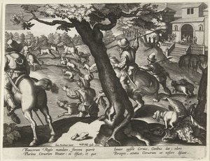 Hertenjacht met honden Jachttaferelen (serietittel) Jakten på vilt, fugl og fisk i Bestiary (serietittel) av Jan Collaert (II) (attributed to)