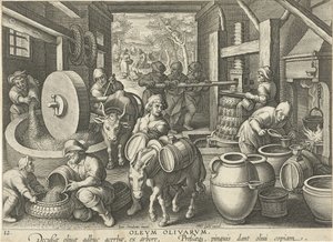 olivenpresse Olevm Olivarvm (tittel på objekt) Nye oppfinnelser og funn (serietittel) Nova Reperta (serietittel) av Jan Collaert (II) (attributed to)