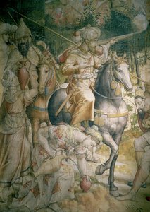 Kampanje av keiser Karl V mot tyrkerne i Tunis i 1535: tyrkernes nederlag i slaget ved Goletta, detalj av kavalerister som slukker tørsten, tegneserie etter et kull og wc