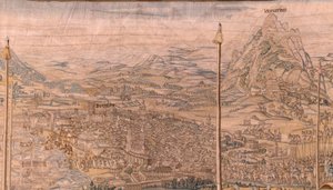 flamsk billedvev. Serien Erobringen av Tunis; Gjennomgang av troppene i Barcelona (La revista de las tropas en Barcelona). Andre billedvev i serien. Modell Jan Vermeyen og Pieter Coecke van Aelst. 1543-1548. Produksjon Real Fábrica de Tapices de Sant av Jan Cornelisz Vermeyen