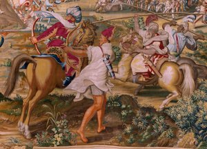 flamsk billedvev. Serien Erobringen av Tunis. Angrepet på La Goleta (Ataque a la Goleta). Fjerde billedvev i serien. Modell Jan Vermeyen og Pieter Coecke van Aelst. 1543-1548. Produksjon Real Fábrica de Tapices de Santa Bárbara, Madrid