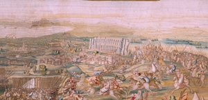 flamsk billedvev. Serien Erobringen av Tunis. Angrepet på La Goleta (Ataque a la Goleta). Fjerde billedvev i serien. Modell Jan Vermeyen og Pieter Coecke van Aelst. 1543-1548. Produksjon Real Fábrica de Tapices de Santa Bárbara, Madrid av Jan Cornelisz Vermeyen