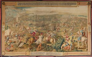 flamsk billedvev. Serien Erobringen av Tunis. Angrepet på La Goleta (Ataque a la Goleta). Fjerde billedvev i serien. Modell Jan Vermeyen og Pieter Coecke van Aelst. 1543-1548. Produksjon Real Fábrica de Tapices de Santa Bárbara, Madrid