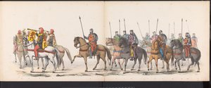 Maskerade av Leiden-studentene, 1865 (plate 1) Kostymert prosesjon holdt av medlemmene av Leiden studentkorps 6. juni 1865, for å feire 290-årsjubileet for Leidsche Hoogeschool, som viser: nederlendernes inntreden i