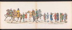 Maskerade av Leiden-studentene, 1865 (plate 10) Kostymert prosesjon holdt av medlemmene av Leiden studentkorps 6. juni 1865, for å feire 290-årsjubileet for Leidsche Hoogeschool, som viser: nederlendernes inntreden b. av Jan Daniël Cornelis Carel Willem baron de Constant Rebecque