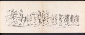 Maskerade av Leiden-studentene, 1865 (plate 10) Utkledd prosesjon holdt av medlemmene av Leiden studentkorps 6. juni 1865, for å feire 290-årsjubileet for Leidsche Hoogeschool, som viser: nederlendernes inntreden b.