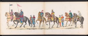 Maskerade av Leiden-studentene, 1865 (plate 12) Kostymert prosesjon holdt av medlemmene av Leiden studentkorps 6. juni 1865, for å feire 290-årsjubileet for Leidsche Hoogeschool, som viser: nederlendernes inntreden b.