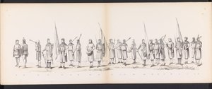 Maskerade av Leiden-studentene, 1865 (plate 13) Utkledd prosesjon holdt av medlemmene av Leiden studentkorps 6. juni 1865, for å feire 290-årsjubileet for Leidsche Hoogeschool, som viser: nederlendernes inntreden b. av Jan Daniël Cornelis Carel Willem baron de Constant Rebecque