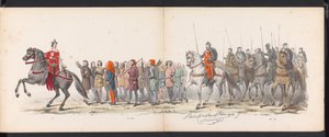 Maskerade av Leiden-studentene, 1865 (plate 15) Utkledd prosesjon holdt av medlemmene av Leiden studentkorps 6. juni 1865, for å feire 290-årsjubileet for Leidsche Hoogeschool, som viser: nederlendernes inntreden b.